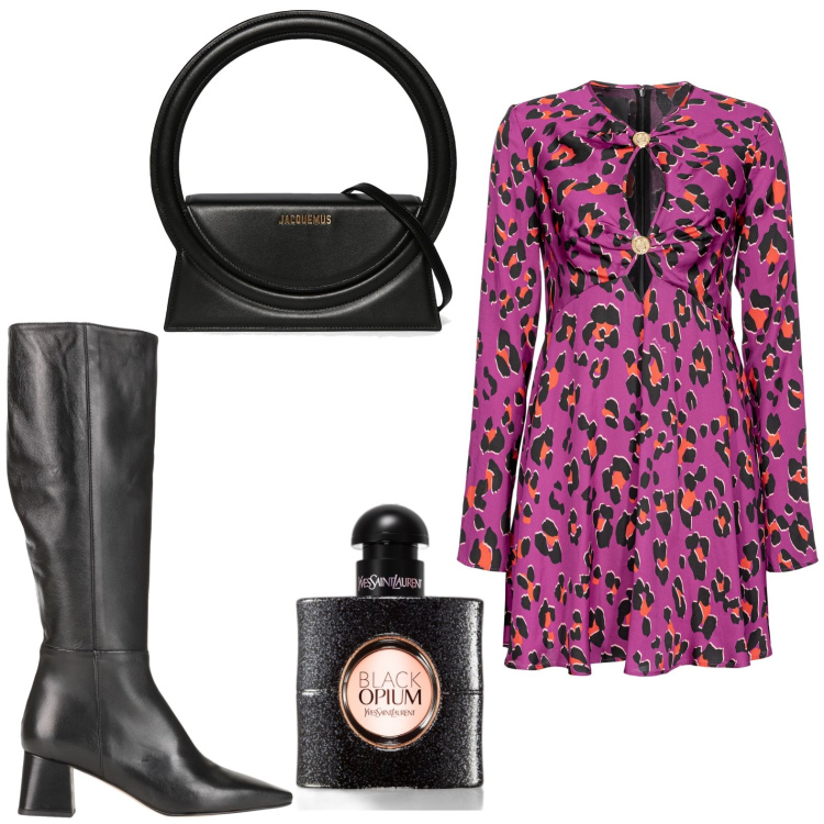 Outfit donna - Abitino animalier. Stile Sexy per Serata fuori. Abbinamento con stivali, profumi, vestiti, borse a mano.