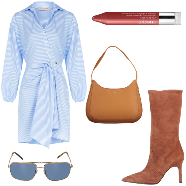 Outfit donna - Vestito a righe. per Serata fuori. Abbinamento con stivali, rossetti, vestiti chemisier, occhiali da sole, borse a spalla.