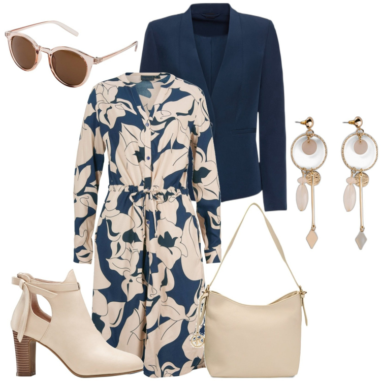 Outfit donna - Vestito fantasia blu e beige. Stile Basic per Tutti i giorni. Abbinamento con blazer, orecchini, occhiali da sole, vestiti chemisier, stivaletti, borse a spalla.