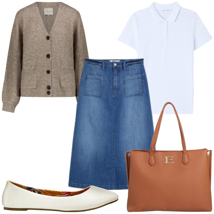 Outfit donna - Total look #1838013. Stile Trendy per Tutti i giorni. Abbinamento con gonne longuette, ballerine, borse a mano, polo, cardigans.