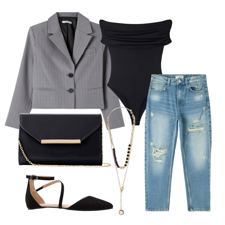 Outfit donna - Ghost outfitter - marzo. Stile Casual chic per Tutti i giorni. Abbinamento con ballerine, pochette, jeans mom, body, blazer, collane.