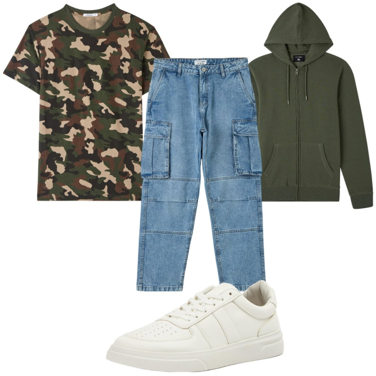 Outfit uomo - Total look #1838028. Stile Trendy per Tutti i giorni. Abbinamento con t-shirt, sneakers, felpe con cappuccio, jeans.