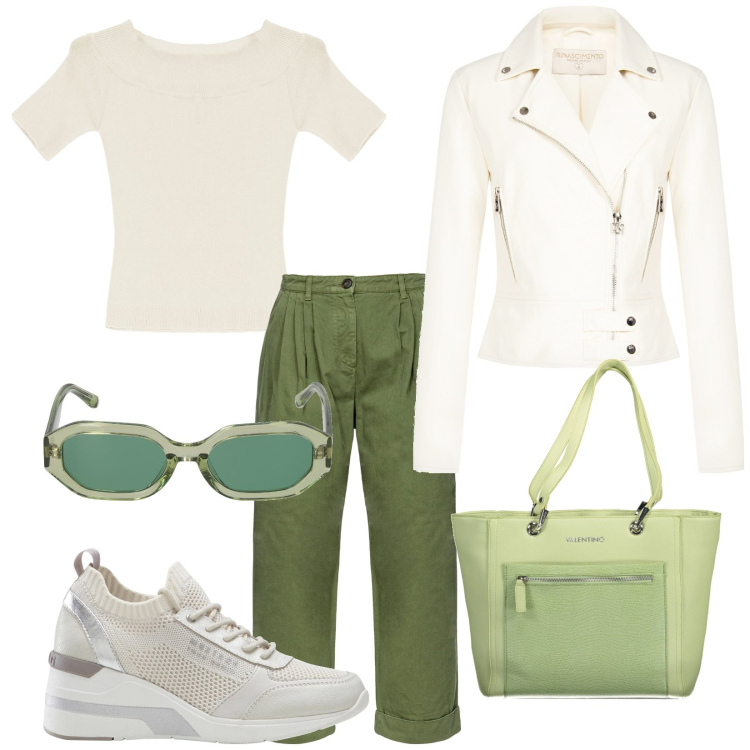 Outfit donna - Domenica mattina. Stile Casual chic per Tutti i giorni. Abbinamento con sneakers, pantaloni, giacche, maglieria, borse a spalla, occhiali da sole.