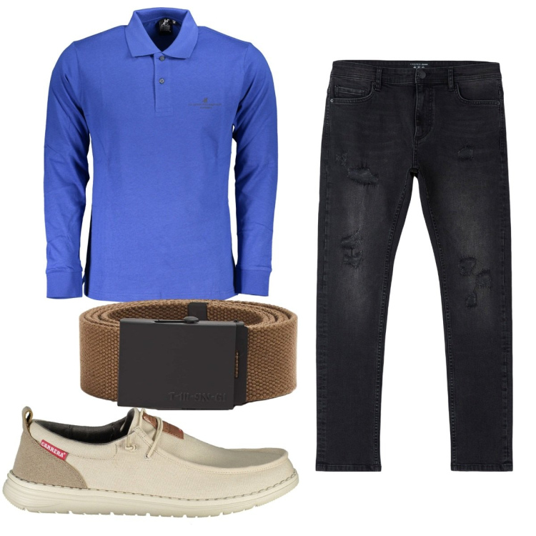 Outfit uomo - Total look #1838033. Stile Casual per Tutti i giorni. Abbinamento con jeans strappati, cinture, scarpe stringate, polo.