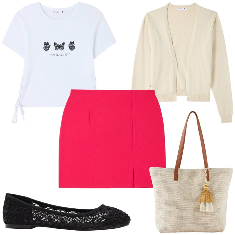 Outfit donna - Total look #1838039. Stile Trendy per Tutti i giorni. Abbinamento con ballerine, shopping bag, t-shirt, cardigans, minigonne.