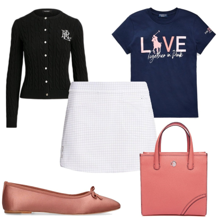 Outfit donna - Total look #1838041. Stile Trendy per Tutti i giorni. Abbinamento con cardigans, t-shirt, minigonne, ballerine, shopping bag.