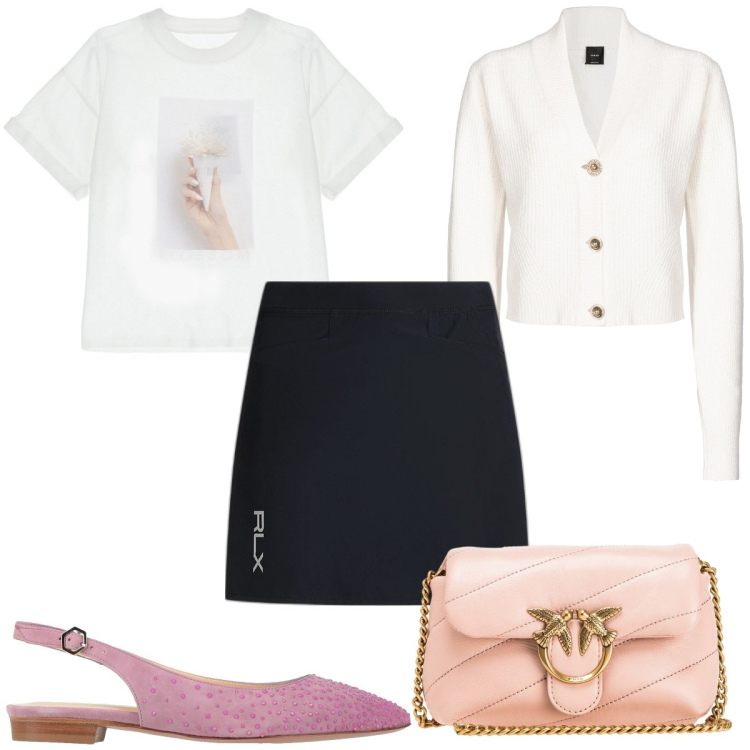 Outfit donna - Total look #1838050. Stile Trendy per Tutti i giorni. Abbinamento con ballerine, borse a tracolla, cardigans, t-shirt, minigonne.