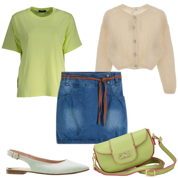 Outfit donna - Total look #1838053. Stile Trendy per Tutti i giorni. Abbinamento con minigonne, ballerine, pochette, cardigans, t-shirt.