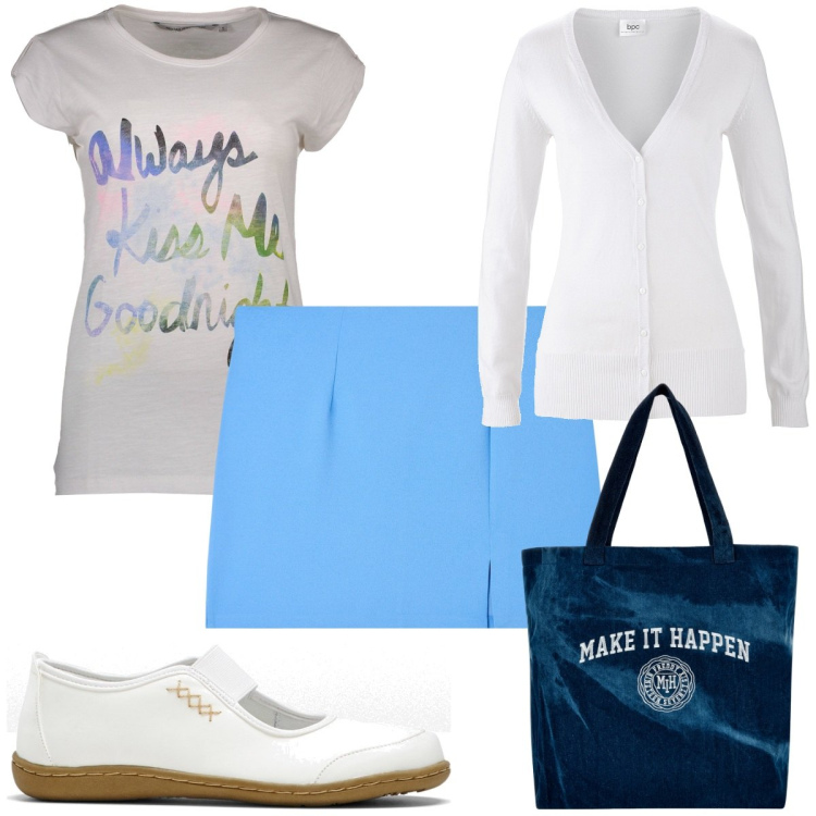 Outfit donna - Total look #1838057. Stile Trendy per Tutti i giorni. Abbinamento con ballerine, cardigans, minigonne, shopping bag, t-shirt.