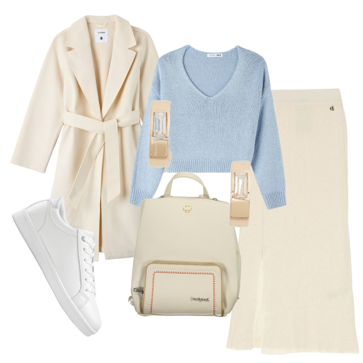 Outfit donna - Un look formale per l\'ufficio.. Stile Basic per Ufficio. Abbinamento con sneakers, maglieria, cappotti, gonne longuette, orecchini, zaini.