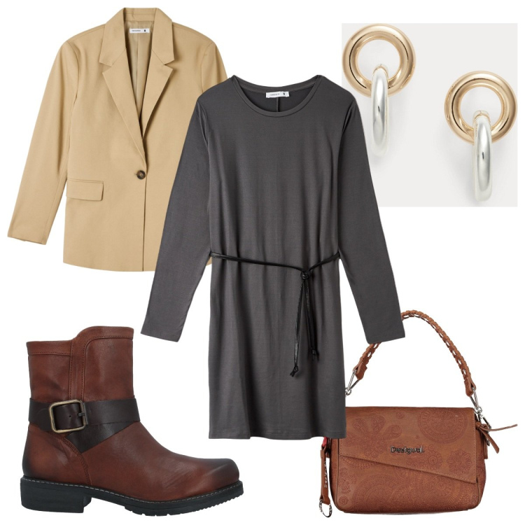 Outfit donna - Total look #1838072. Stile Trendy per Tutti i giorni. Abbinamento con stivaletti, blazer, vestiti midi/longuette, orecchini, borse a spalla.