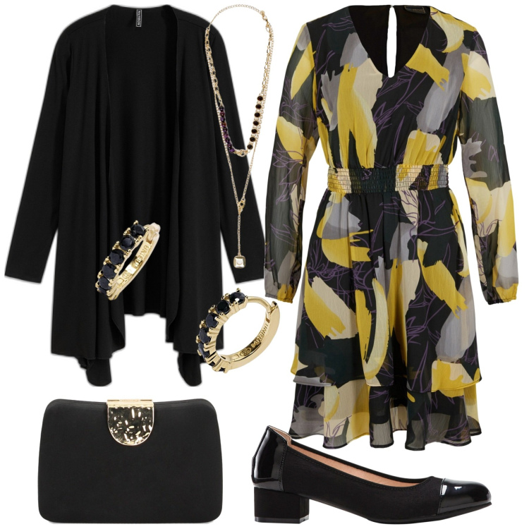 Outfit donna - Curvy style. Stile Chic per Serata fuori. Abbinamento con cardigans, vestiti, décolleté, orecchini, clutch, collane.