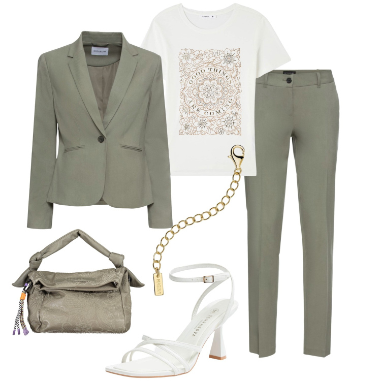 Outfit donna - Ufficio a primavera. Stile Minimal per Ufficio. Abbinamento con pantaloni, blazer, t-shirt, sandali col tacco, collane, borse a spalla.