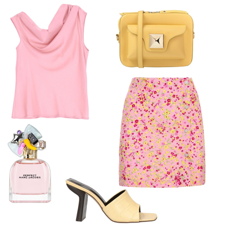 Outfit donna - Gonna a fiori. Stile Trendy per Serata fuori. Abbinamento con borse a tracolla, sandali in pelle, profumi, canottiere, minigonne.