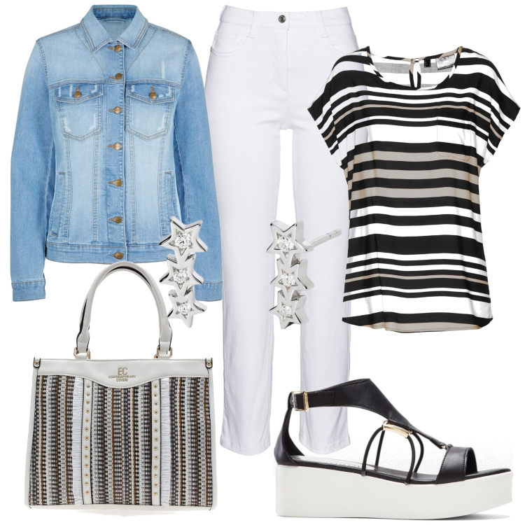 Outfit donna - Primavera curvy. Stile Casual chic per Tutti i giorni. Abbinamento con pantaloni, blazer, tuniche, sandali col tacco, orecchini, borse a mano.