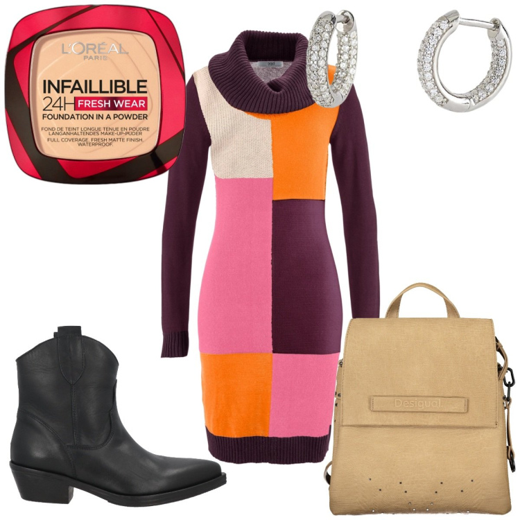 Outfit donna - Total look #1838114. Stile Trendy per Tutti i giorni. Abbinamento con stivaletti texani, vestiti midi/longuette, fondotinta, orecchini, zaini.