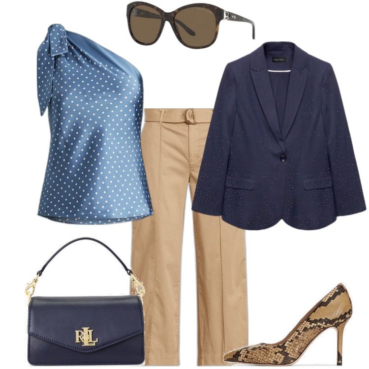 Outfit donna - Raso a pois. Stile Glamour per Tutti i giorni. Abbinamento con blazer, occhiali da sole, camicie, pantaloni, décolleté, borse a tracolla.