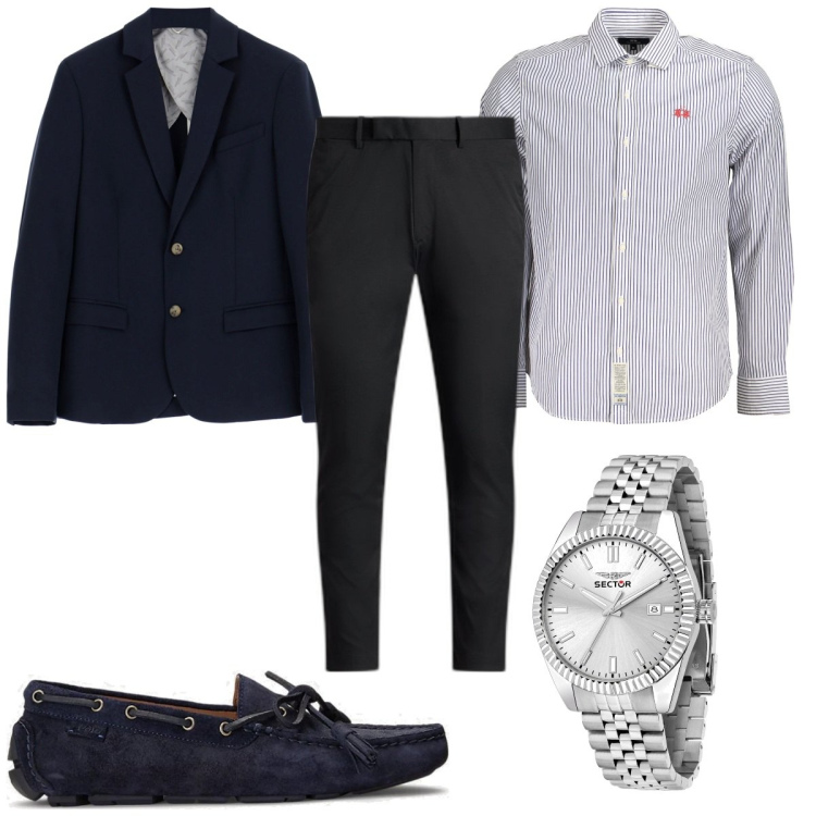 Outfit uomo - Stasera con la camicia a righe. Stile Casual per Serata speciale. Abbinamento con orologi, giacche, scarpe stringate, pantaloni, camicie.
