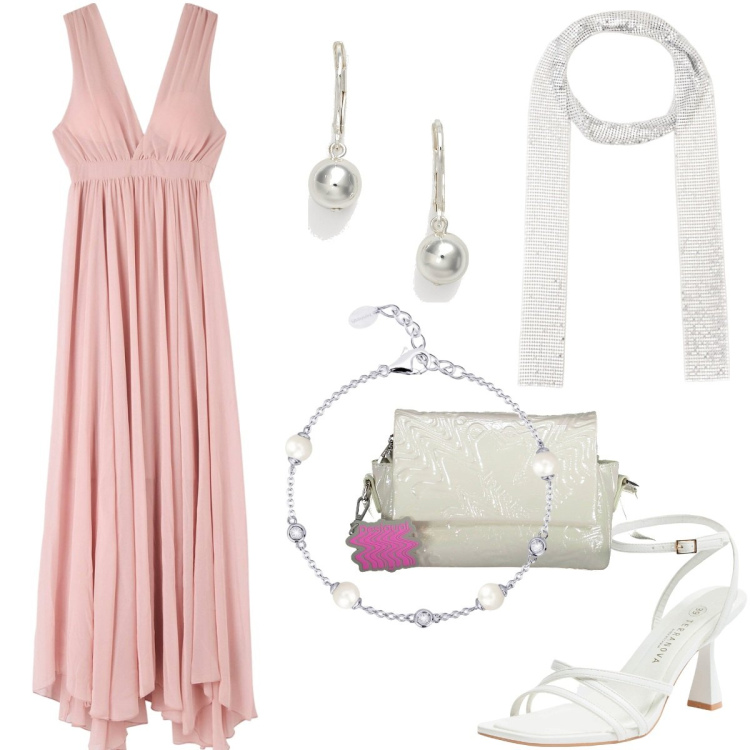 Outfit donna - Cerimonia. Stile Romantica per Cerimonia. Abbinamento con vestiti lunghi, sandali col tacco, braccialetti, sciarpe, orecchini, borse a tracolla.