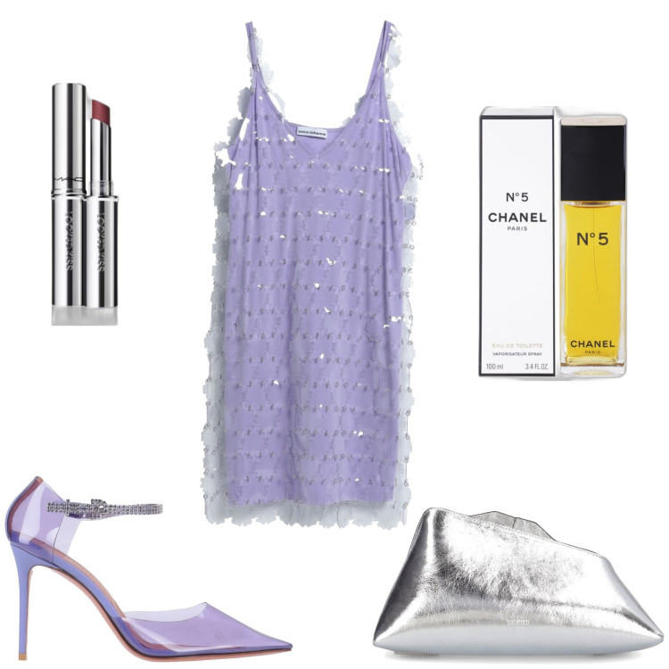 Outfit donna - Glamour. Stile Glamour per Serata fuori. Abbinamento con vestiti, décolleté, profumi, rossetti, pochette.