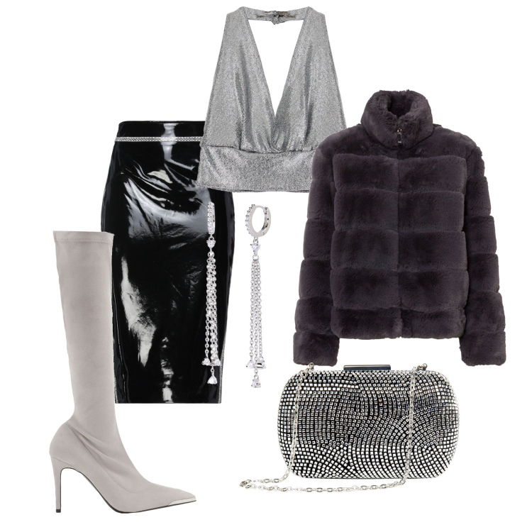 Outfit donna - Total look #1838144. Stile Sexy per Serata fuori. Abbinamento con ecopellicce, gonne longuette, stivali, orecchini, clutch, top.