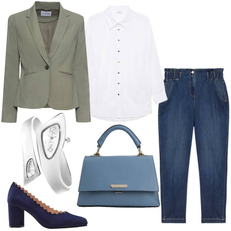 Outfit donna - In ufficio. Stile Mannish per Ufficio. Abbinamento con blazer, décolleté, borse a mano, orologi, jeans, camicie.