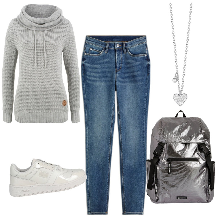 Outfit donna - Basic tutti I giorni. Stile Basic per Tutti i giorni. Abbinamento con jeans skinny, maglieria, sneakers, collane, zaini.