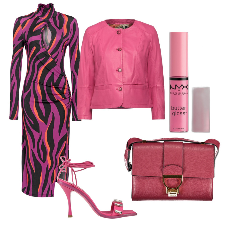 Outfit donna - Domenica sera in color ciclamino. Stile Chic per Serata fuori. Abbinamento con blazer, sandali in pelle, gloss, vestiti midi/longuette, borse a tracolla.