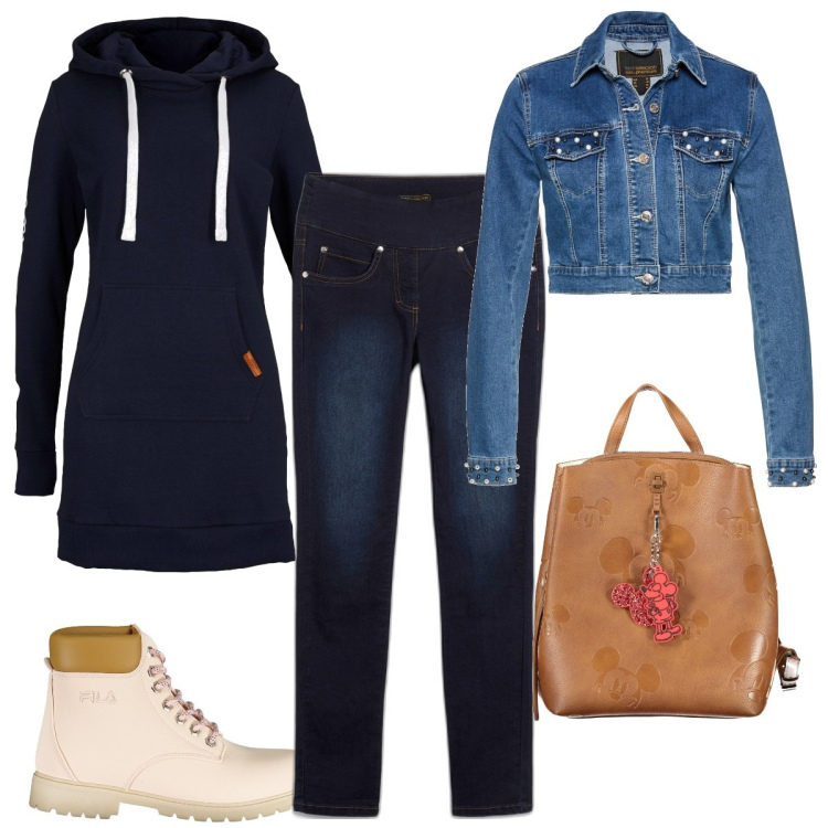 Outfit donna - Basic blu. Stile Casual chic per Tutti i giorni. Abbinamento con jeans slim fit, felpe con cappuccio, blazer, zaini, stivali.