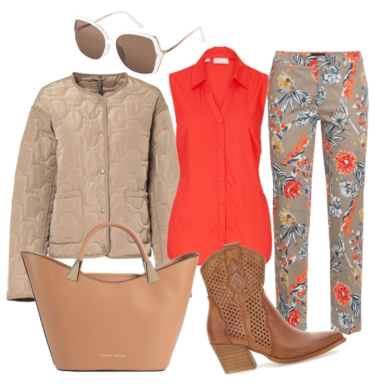 Outfit donna - In città per negozi. Stile Casual chic per Tutti i giorni. Abbinamento con pantaloni, camicie, giacche, occhiali da sole, borse a secchiello, stivaletti texani.