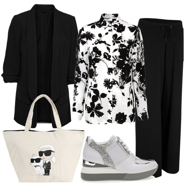 Outfit donna - Week-end. Stile Sporty chic per Tutti i giorni. Abbinamento con blazer, camicie, pantaloni, borse a mano, sneakers.