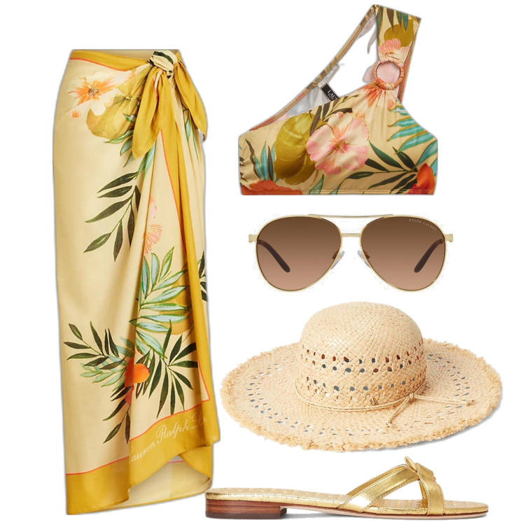 Outfit donna - Mare Ralph Lauren. Stile Glamour per Mare. Abbinamento con occhiali da sole, gonne, cappelli, top, ciabatte.