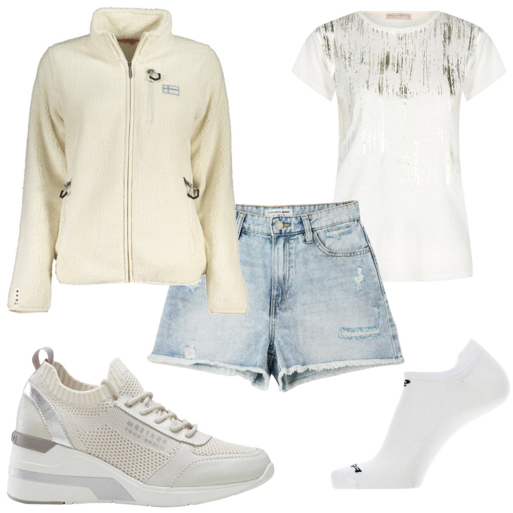 Outfit donna - Una giornata di poco sole. Stile Casual chic per Tutti i giorni. Abbinamento con sneakers, shorts, t-shirt, calzini, felpe.
