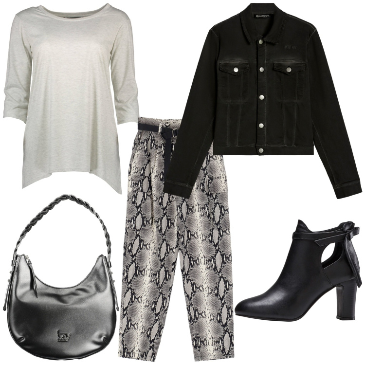 Outfit donna - Casual particolare. Stile Casual per Tutti i giorni. Abbinamento con stivaletti, pantaloni, blazer, t-shirt, borse a spalla.