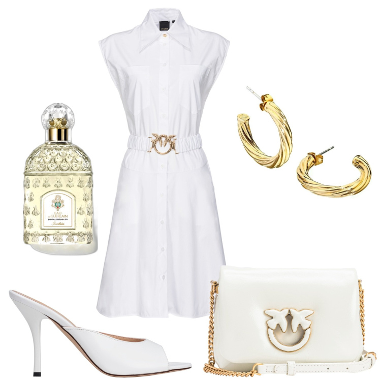 Outfit donna - In bianco fresca e frizzante. Stile Glamour per Tutti i giorni. Abbinamento con orecchini, profumi, vestiti chemisier, borse a tracolla, sandali in pelle.