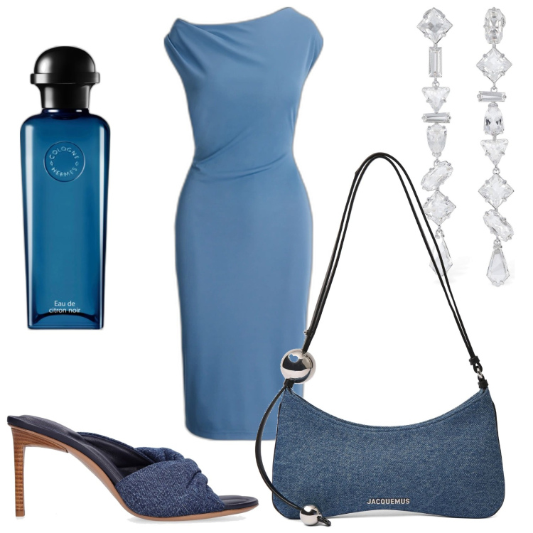 Outfit donna - In blu avion per una serata. Stile Chic per Serata fuori. Abbinamento con profumi, vestiti a tubino, pantofole, borse a spalla, orecchini.