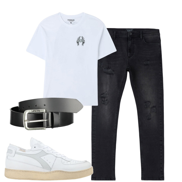 Outfit uomo - City. Stile Casual per Tutti i giorni. Abbinamento con sneakers, jeans strappati, t-shirt, cinture.