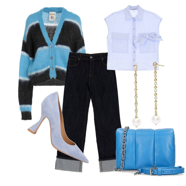 Outfit donna - Ghost outfitter - marzo. Stile Casual chic per Tutti i giorni. Abbinamento con décolleté, cardigans, camicie, orecchini, jeans, borse a spalla.