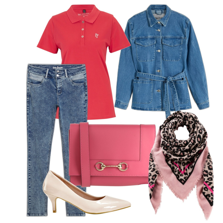 Outfit donna - Ghost outfitter - marzo. Stile Casual chic per Ufficio. Abbinamento con foulard, blazer, décolleté, polo, jeans skinny, borse a tracolla.