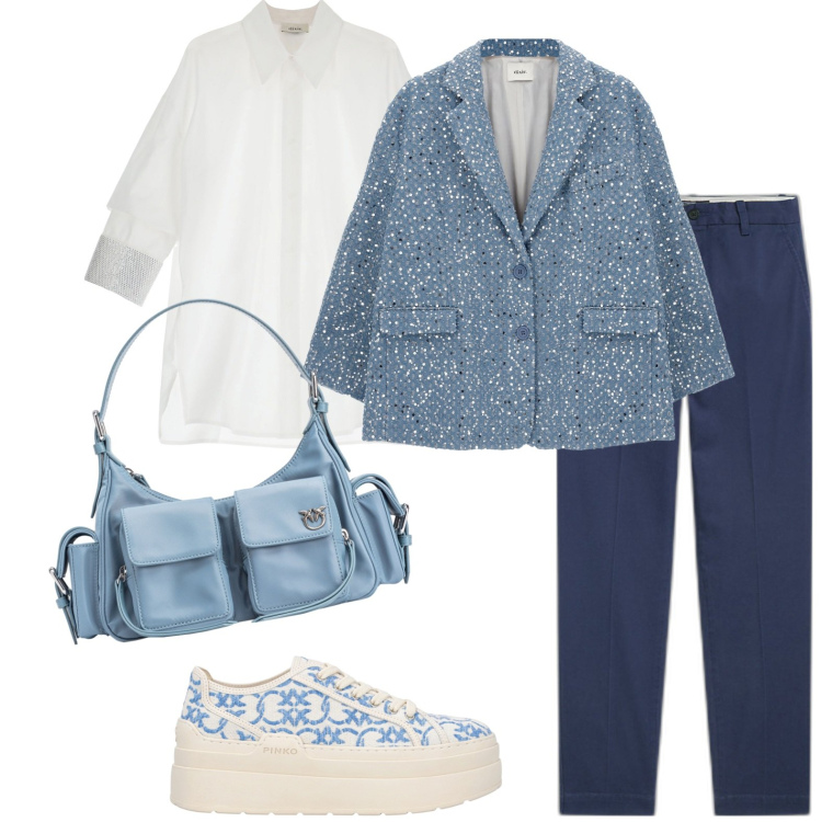 Outfit donna - Relax. Stile Casual chic per Ufficio. Abbinamento con sneakers, borse a spalla, blazer, camicie, pantaloni chino.