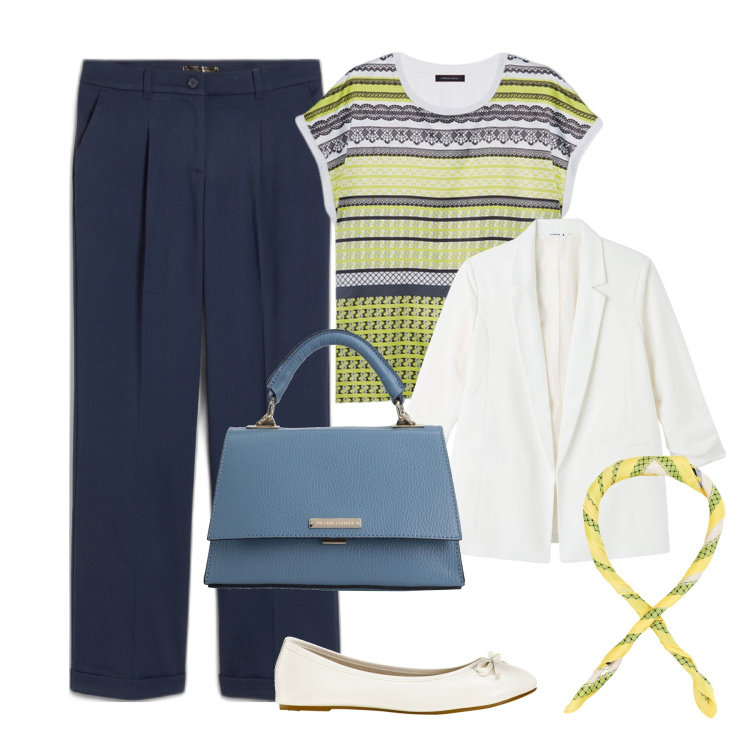 Outfit donna - Office Day. Stile Bon Ton per Ufficio. Abbinamento con ballerine, pantaloni, borse a mano, blazer, foulard, t-shirt.