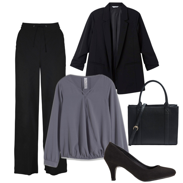 Outfit donna - Total look #1838346. Stile Minimal per Ufficio. Abbinamento con pantaloni a palazzo, décolleté, bluse, blazer, shopping bag.