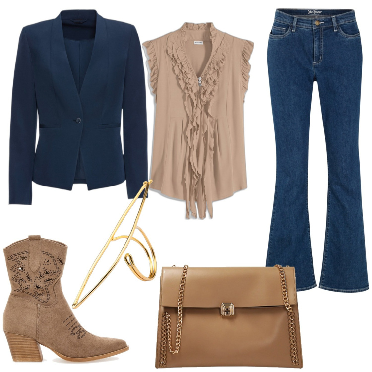 Outfit donna - Blu navy e beige. Stile Trendy per Serata fuori. Abbinamento con jeans bootcut, blazer, maglieria, borse a spalla, stivaletti texani, anelli.