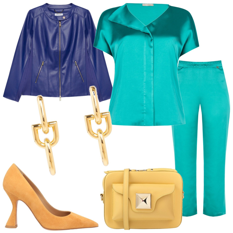 Outfit donna - Vestita di un nuovi colori. Stile Trendy per Tutti i giorni. Abbinamento con décolleté, borse a tracolla, orecchini, bluse, pantaloni a palazzo, blazer.