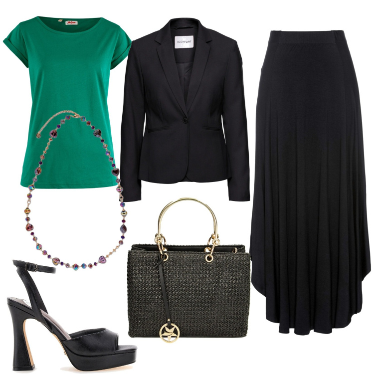 Outfit donna - Verde e nero. Stile Basic per Serata fuori. Abbinamento con gonne, blazer, maglieria, borse a mano, sandali col tacco, collane.
