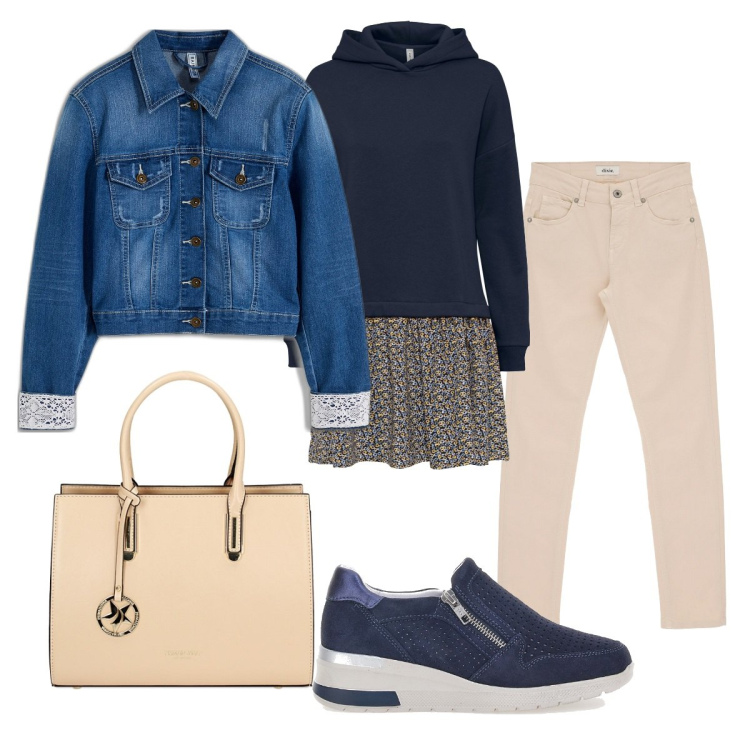 Outfit donna - Blu & beige. Stile Sporty chic per Scuola/Università. Abbinamento con vestiti, blazer, pantaloni, borse a mano, sneakers.