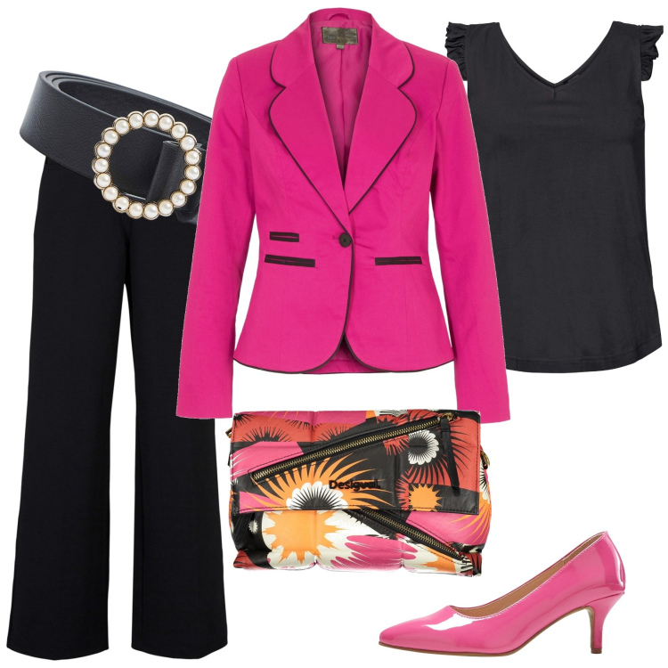Outfit donna - Formale ma non anonima. Stile Chic per Ufficio. Abbinamento con top, blazer, pantaloni, décolleté, cinture, borse a spalla.