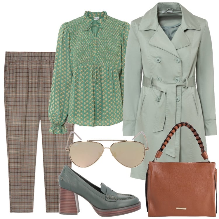 Outfit donna - Trench + camicette. Stile Bon Ton per Tutti i giorni. Abbinamento con trench, bluse, mocassini, borse a mano, pantaloni, occhiali da sole.