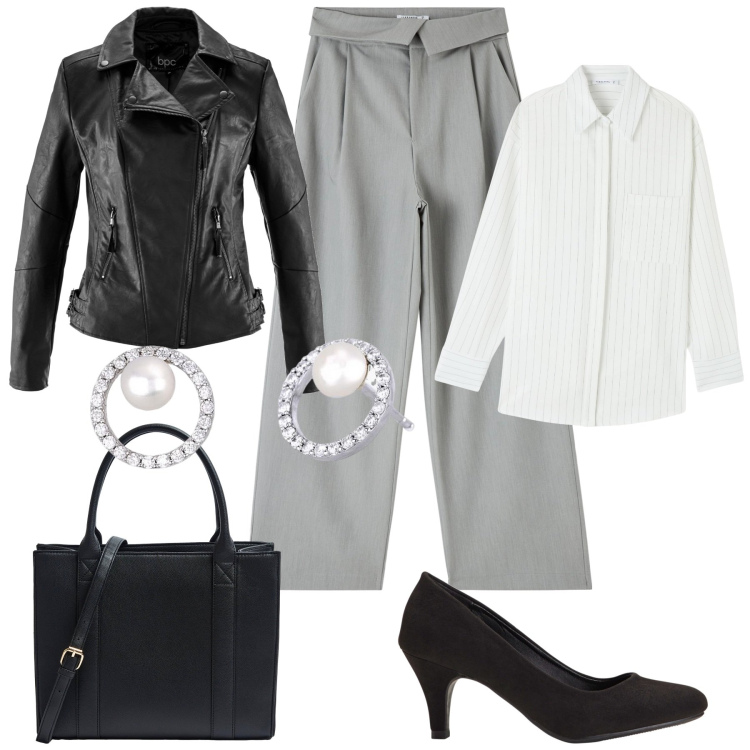 Outfit donna - In ufficio. Stile Chic per Ufficio. Abbinamento con blazer, décolleté, pantaloni, camicie, shopping bag, orecchini.
