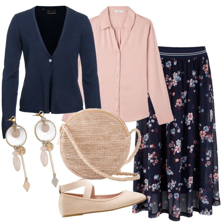 Outfit donna - Arriva la primavera. Stile Preppy per Tutti i giorni. Abbinamento con orecchini, ballerine, gonne longuette, borse a tracolla, cardigans, camicie.